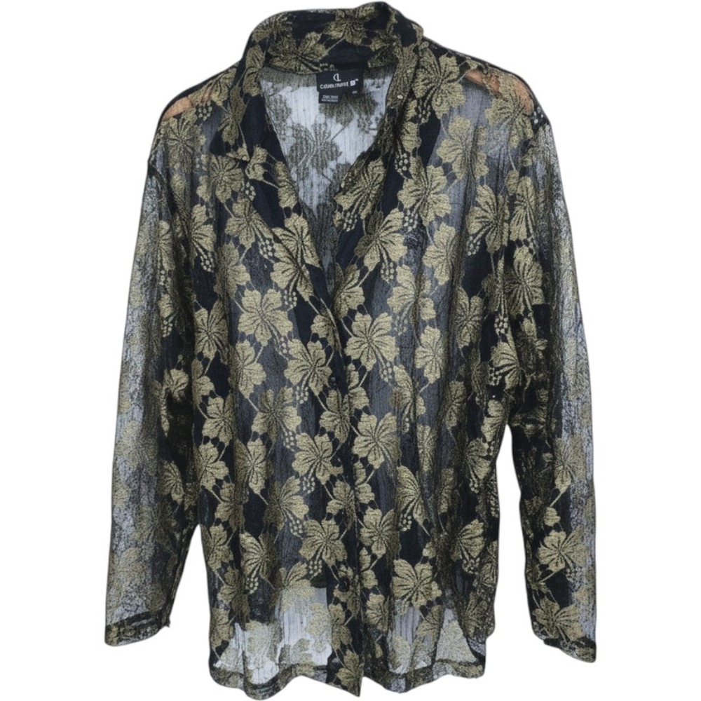 Carole Little Vintage Gold Metallic Floral Sheer Lace Button Top Plus Size 24